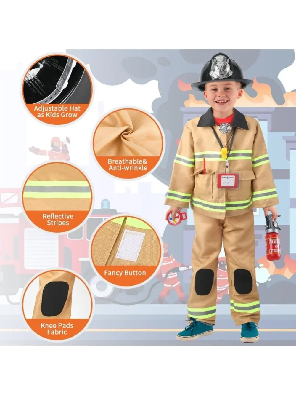 Kids Firefighter Costume with Toy Accessories | Toddler Dress Up Outfit 2-7